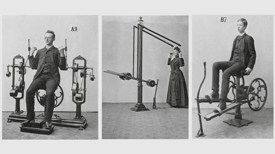 Women's gym in olden days. Tools and simple machines used in old